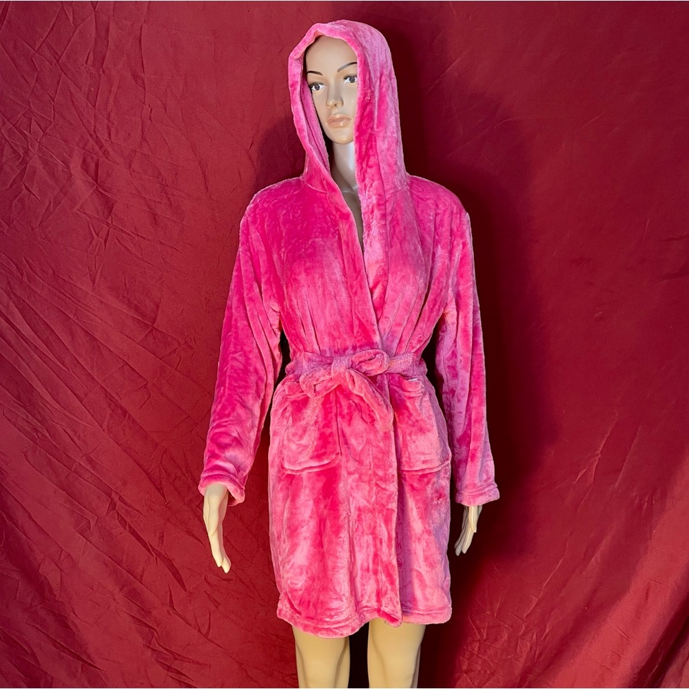 Girls Pink Fuzzy Hooded Bath Robe w/ Pockets & Tie Belt Size 11/12 NWT DNggAND